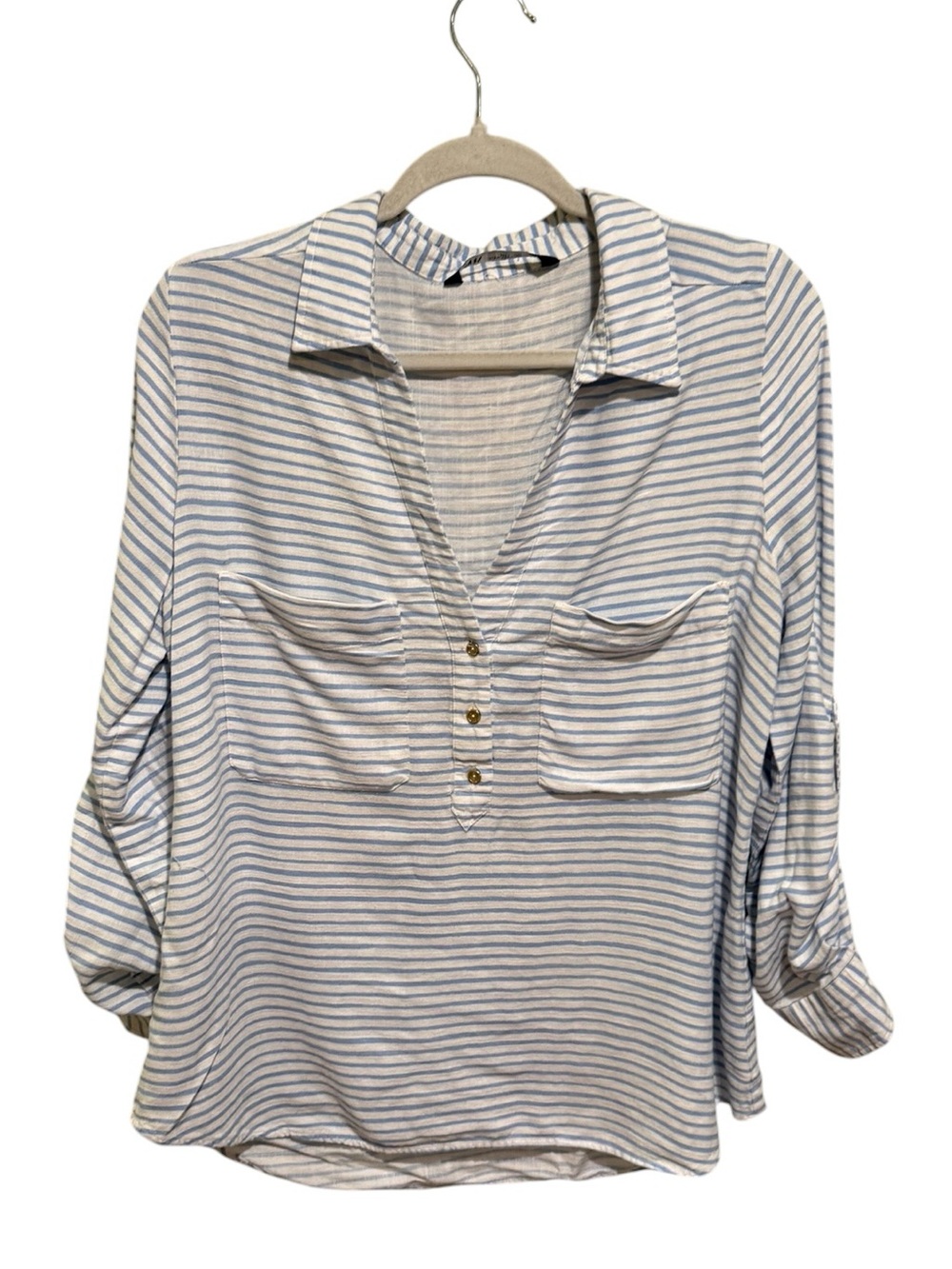 Zara White & Blue Striped V-Neck Button Pullover Tunic